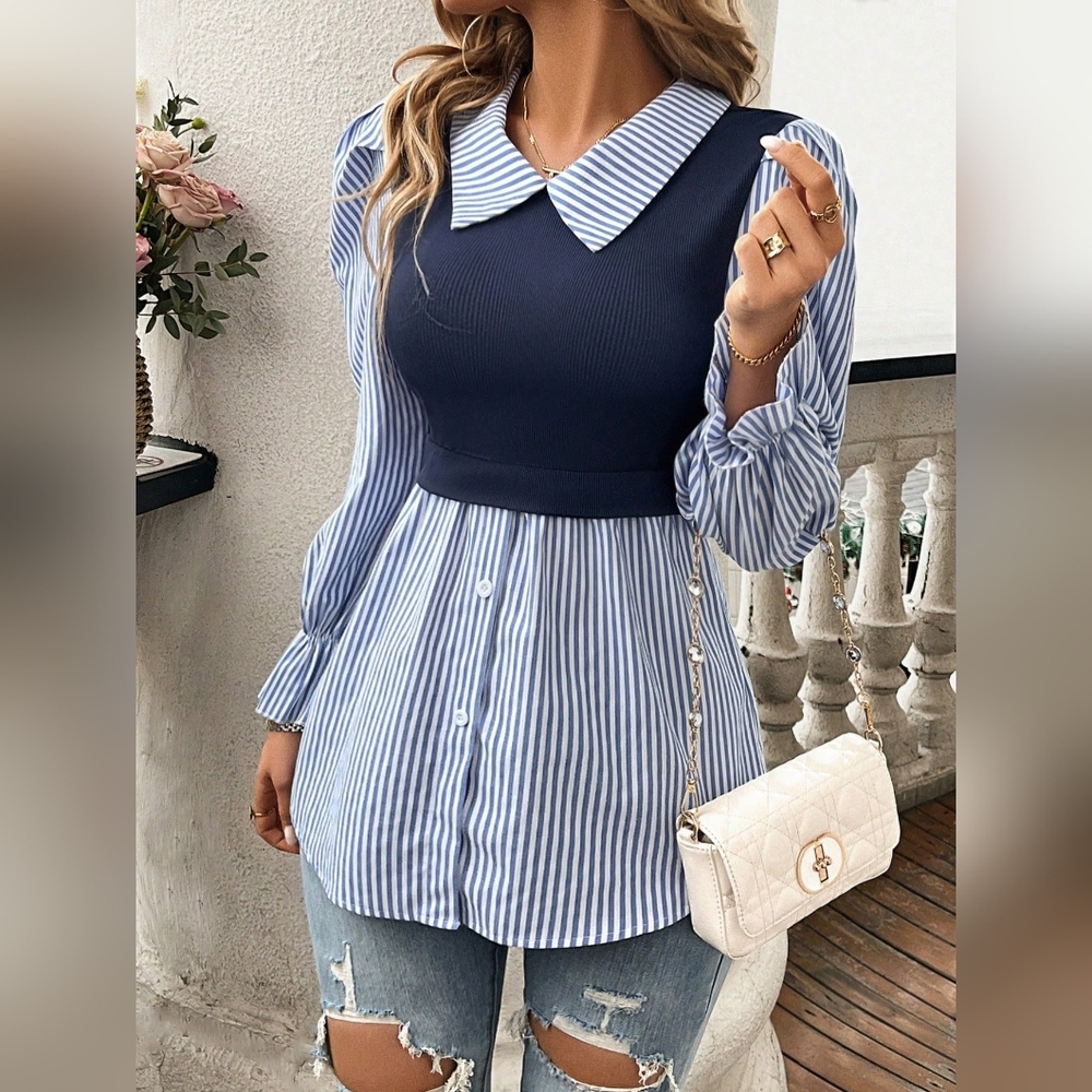 Striped Blue Button-Down Shirt with Navy Knit Overlay - Picture 4 of 4